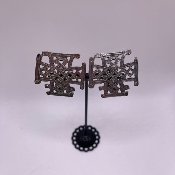Signed Kirks Folly Coptic Cross Clip-On Earrings Silver-Tone - Picture 1 of 3